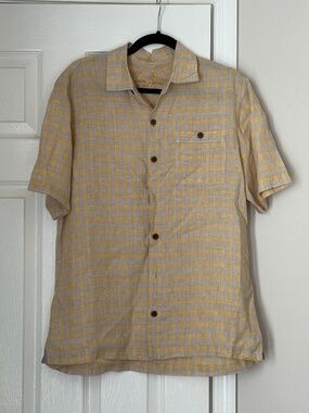 Tommy Bahama Linen Short Sleeve Button Down Yellow Blue Hawaiian Medium Men